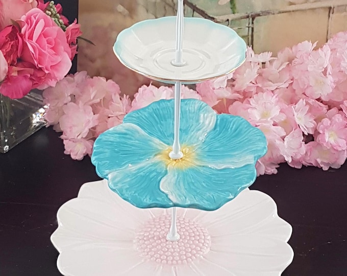 Handmade Floral 3-Tier Cake Stand: Unique Blue & White Flower Shaped Dessert Serving Tray for Tea Parties
