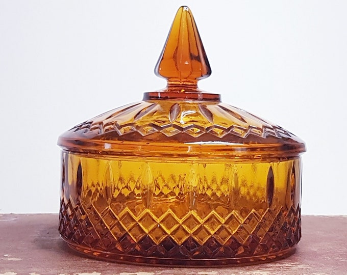 Mid Century Indiana Glass PRINCESS Amber Diamond Point Glass Candy Dish with Lid
