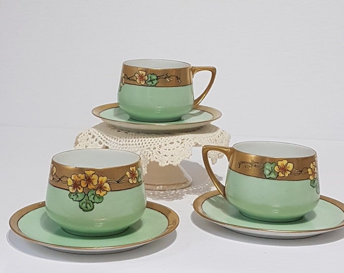 Tea Cup and Saucer, Antique Rosenthal Donatello Green with Yellow Flowers, Artist Signed, Hand Painted, 3 Available, Made in Germany, 1920s