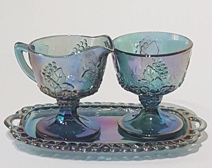 Indiana Glass Harvest Grape Blue Carnival Glass Creamer Sugar Tray Set, 1970's