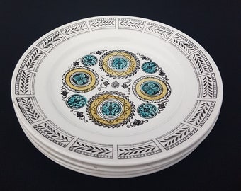 Vintage Kathie Winkle CAROUSEL Side Plate Set, 6-inch Teal and Yellow Ironstone Dinnerware, 1960s