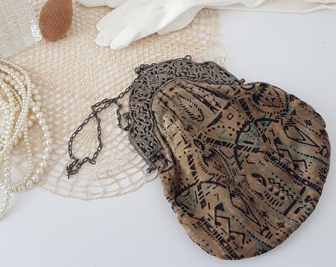 Antique Evening Bag, Wrist Purse Coverts to Evening Clutch, Kiss Lock, Silverplate Metal, Fabric, Hand Stitched