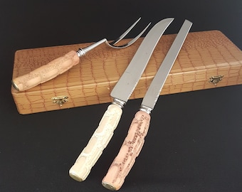 3pc Meat Carving Set, Bakelite Faux Antler Handles, King Carver Duracut, Sheffield England, Carving Knife, Bread Knife, Piercing Fork