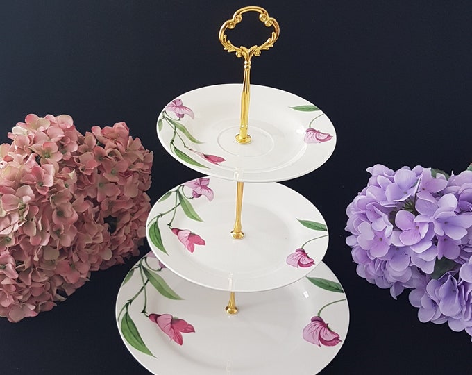 3 Tier Cake Stand, Stokes GARDEN BOUQUET Bone China Plates, Sweet Pea Flowers, Afternoon Tea Party, Cupcake Dessert Stand