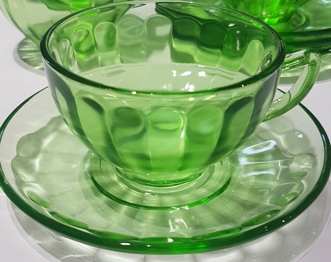 Federal Glass Optic Green Depression Glass, Tea Cup & Saucer Set for 4, Collectible Glass, Gift for Her, 1930's