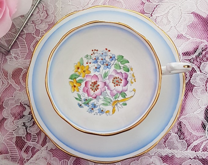 Royal Albert 1930s Tea Cup and Saucer, Vintage English Bone China, Florals in Cup, Blue Rim, FREE Shipping