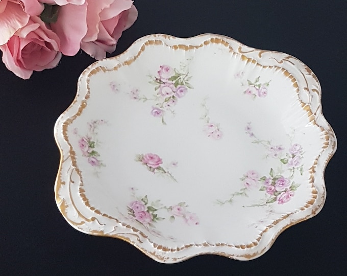 Theodore Haviland Limoges for WJ Alexander Troy NY, Antique Handled Shallow Bowl Plate, Pink Light Purple Roses, 1920s