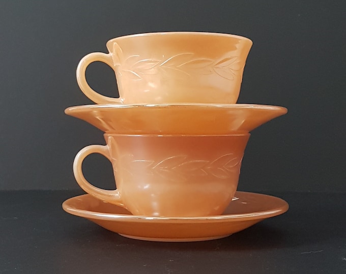 Fire King, Peach Luster, Laurel Leaf, Tea Cup and Saucer, Vintage Anchor Hocking Glass, Sold Individually, 1950s-1960s