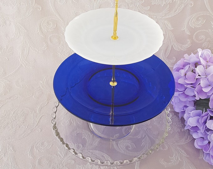 3 Tier Cake Stand, Mismatched Vintage Glass Plates, Clear Candlewick, White Milk Glass, Cobalt Blue, Tea Party Serving Tray