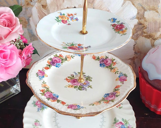 Spring Floral Mismatched Bone China 3 Tier Cake Stand for Garden Tea Parties Wedding Bridal Shower Serving Tray