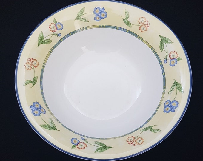 Grafton Living Bone China HIGHLAND BORDER Soup Cereal Bowl Set, Yellow Blue Plaid With Flowers, England, 1990s