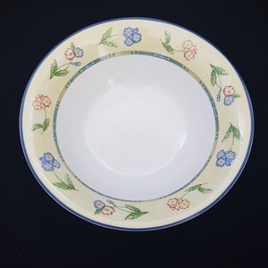 Grafton Living Bone China HIGHLAND BORDER Soup Cereal Bowl Set, Yellow Blue Plaid With Flowers, England, 1990s