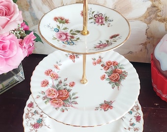 Bone China 3-Tiered Cake Stand Mismatched Floral Plates Afternoon Tea Party Wedding Centerpiece