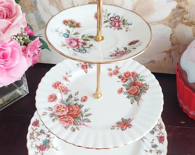 Bone China 3-Tiered Cake Stand Mismatched Floral Plates Afternoon Tea Party Wedding Centerpiece