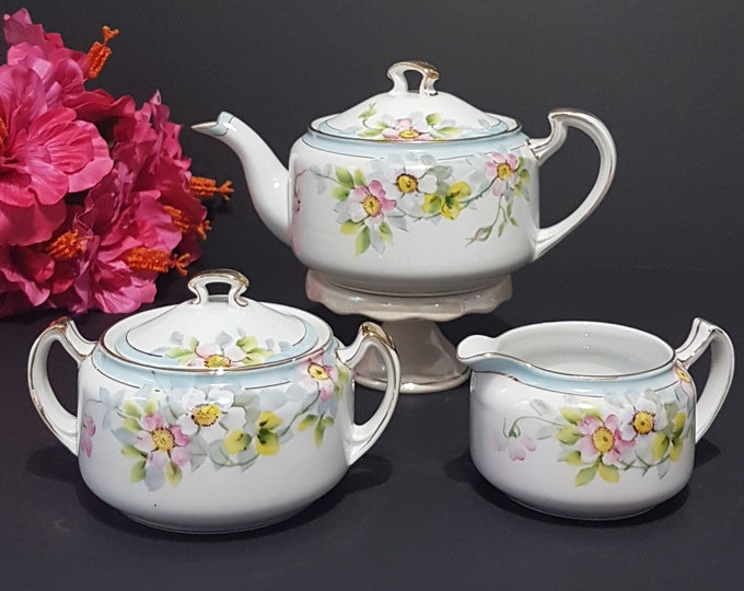 Tea Set, Vintage Teapot, Cream and Sugar Bowl, Pink Cherry Blossoms, Hand Painted Nippon, Made in Japan