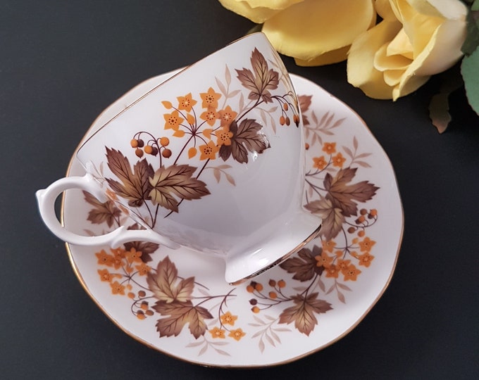 Tea Cup and Saucer, Vintage Royal Vale, English Bone China, Orange Flowers, Brown Leaves