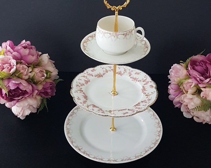 3 Tier Cake Stand, Topped with Tea Cup and Saucer, BRIDAL ROSE, Pink Rose Mismatched Porcelain, Afternoon Tea Party, Dessert Stand