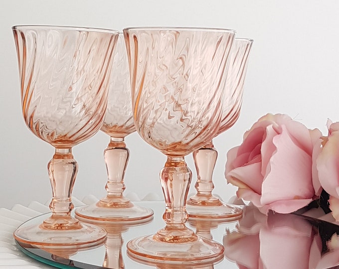 Pink Swirl Wine Glasses, Arcoroc ROSALINE, Set of 4, Luminarc Cristal Darques, Made in France