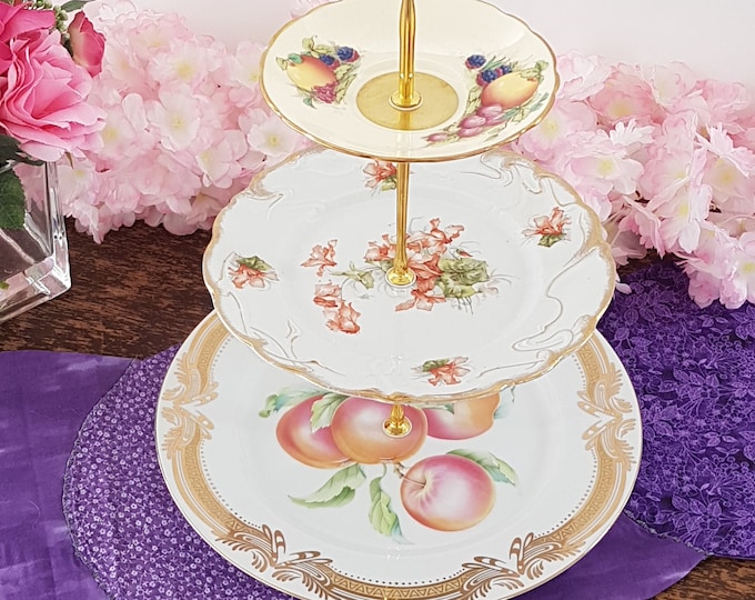 3 Tier Cake Stand, Mismatched Plates, Apple Fruit Pattern, Farm House, Afternoon Tea Serving Tray