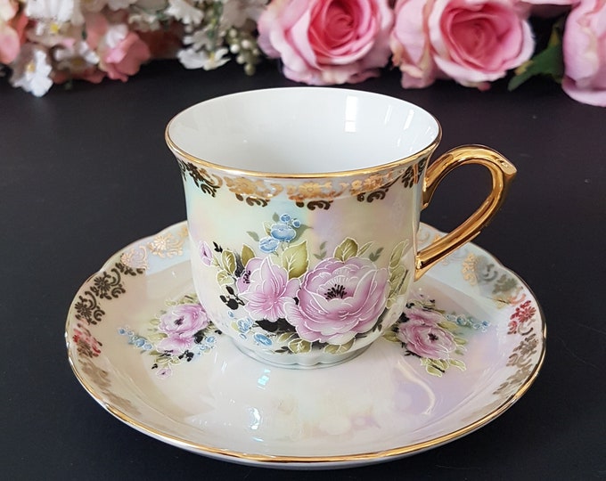 Tea Cup and Saucer, Vintage Hand Painted Czech Republic Porcelain, Lusterware, 24Kt Gold Floral Overlay