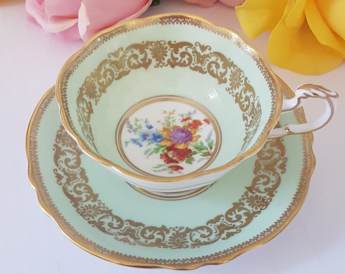 Paragon Tea Cup and Saucer, Pale Mint Green with Floral Bouquet Center, Double Warrant Queen Mary, Made in England, 1930s