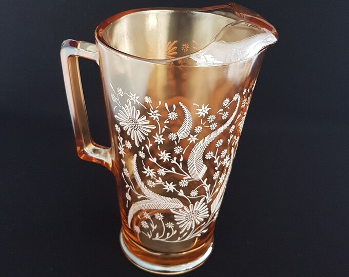 Marigold Carnival Glass Pitcher, 56oz Jeannette Glass White Daisy Floral on Golden Iridescent