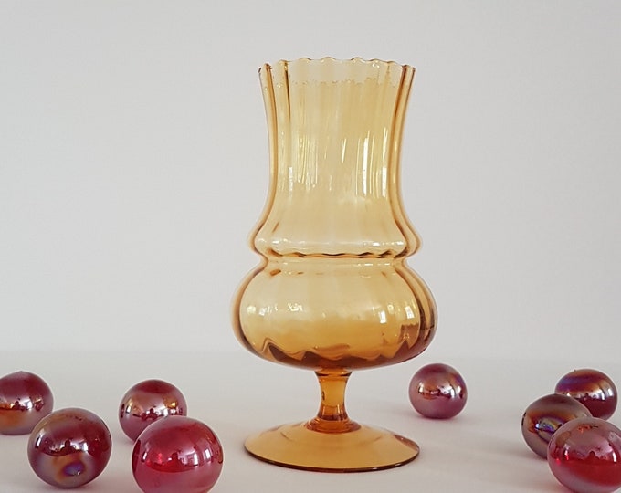 Empoli Glass Flower Vase, Vintage Amber Blown Glass Pedestal Vase, Mid Century Art Glass