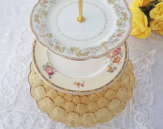 3 Tier Cake Stand, Mismatched Vintage Plates, Noritake, Johnson Brothers, Yellow Glass Platter, Tea Party, Serving Tray