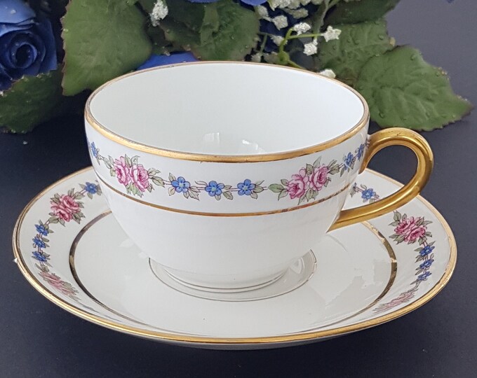 Bernardaud and Co Limoges, Tea Cup and Saucer, Vintage French Porcelain Cup, Red Stamp, Pink Blue Flowers, Made in France, 1900-1942