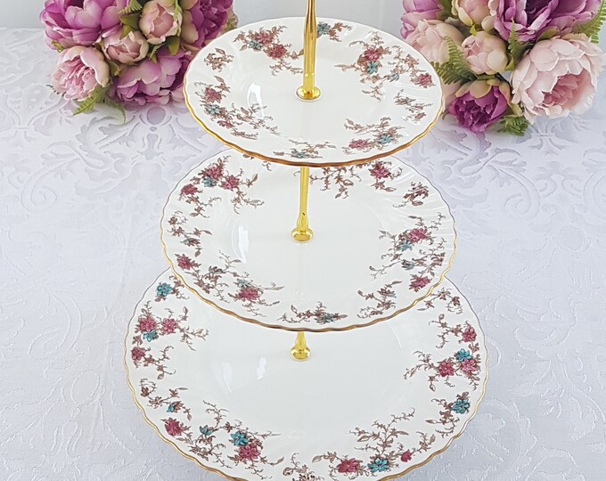 3 Tier Cake Stand, Minton ANCESTRAL Bone China Plates, Pink Blue Flowers, Brown Leaves, Tea Party, Serving Tray