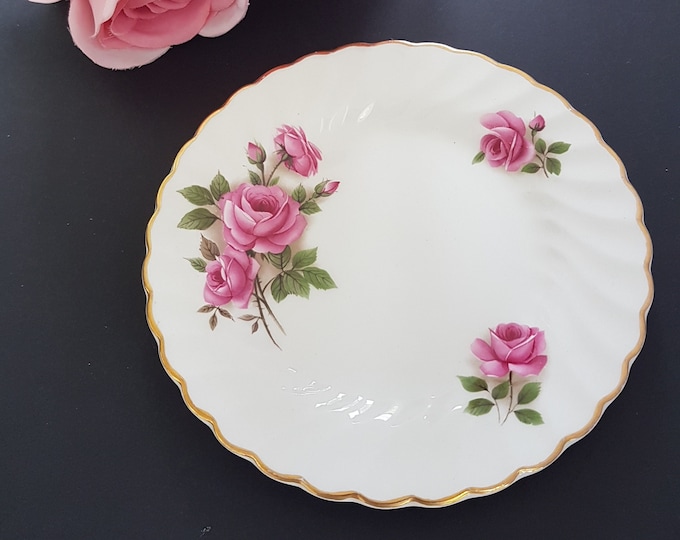 Side Plates, Johnson Brothers LYNMERE, White Ironstone, Pink Roses, Swirl Rim, Gold Edge, 6 Inch, Set of 4 Vintage Plates, Made in England