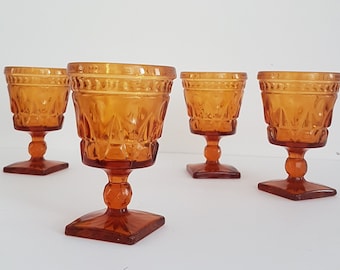 Wine Glass Set, PARK LANE Amber by Indiana Glass, Colony Glass, Set of 4 Wine Glasses, Water Goblets, Retro Bar Cart, 1970s