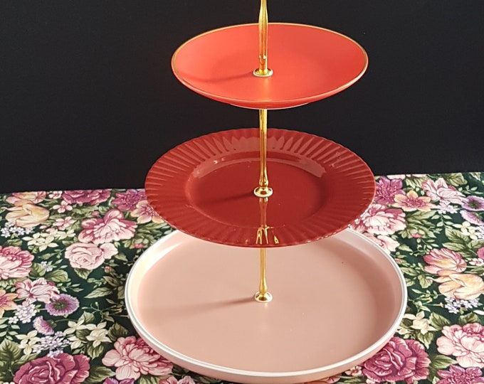 3 Tier Cake Stand, Pink Red Burgundy, Ceramic & Stoneware, Cupcake Stand, Dessert Display, Tier Serving Tray