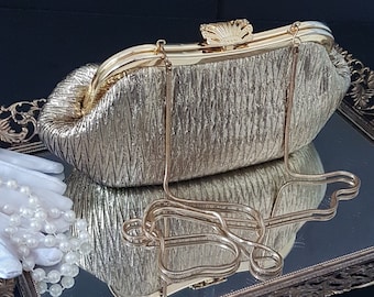 Gold Evening Bag by Goldco, Vintage Hang From Shoulder Purse Converts to Clutch, Gold Tone Seashell Closure, 1970s