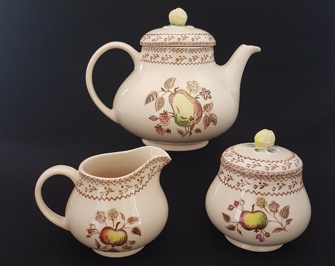 Johnson Brothers Old Granite FRUIT SAMPLER Tea Set, Ironstone Teapot Creamer Sugar Bowl, England