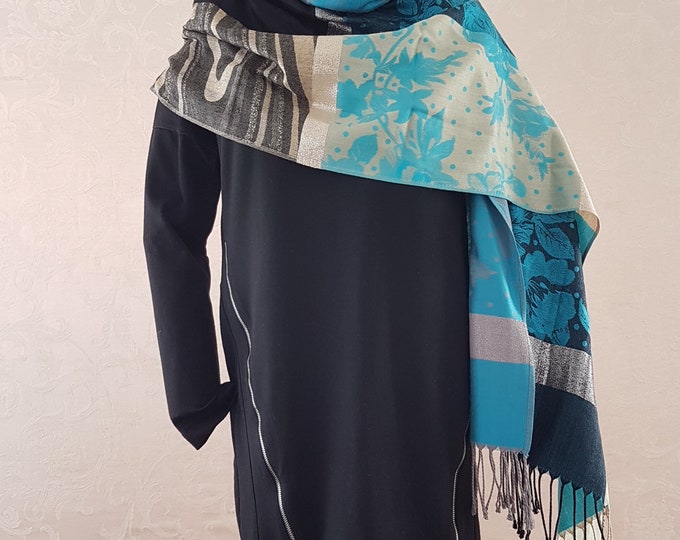 Pashmina Silk Shawl, Vintage Pashmina Scarf, Blue Black Silver Evening Shawl, Pashmina Wrap, Gifts for Her