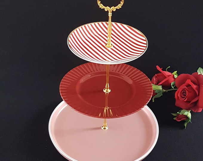 3 Tier Cake Stand in Pink and Red, Ceramic & Stoneware, Cupcake Stand, Tea Party, Serving Tray