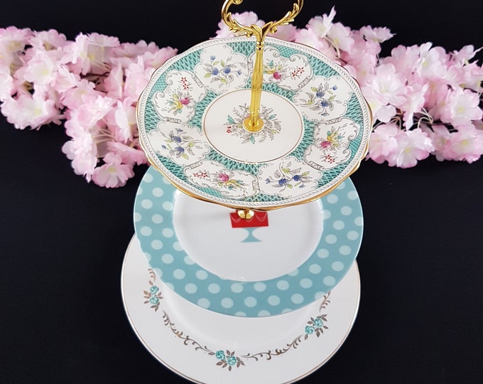 3 Tier Cake Stand, Mismatched Blue Plates, Cake Boss, Bone China, Birthday, Tea Party, Serving Tray