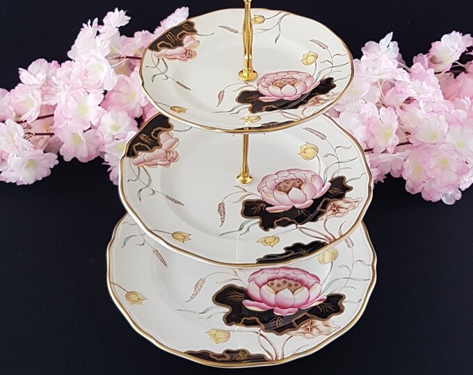 3 Tier Cake Stand, Masons WATER LILY Ironstone, Pink Flowers, Bridal Shower, Serving Tray, Wedding Gift Registry