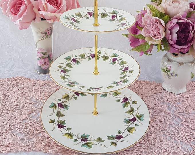 3 Tier Cake Stand, Royal Worcester BACCHANAL, Purple Grapes, Bone China, Tea Party, Serving Tray