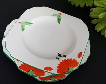 Set of 3 New Chelsea Square Side Plates, Hand Painted Orange Flowers & Green Leaves, Green Edge, Made in England, 1920s