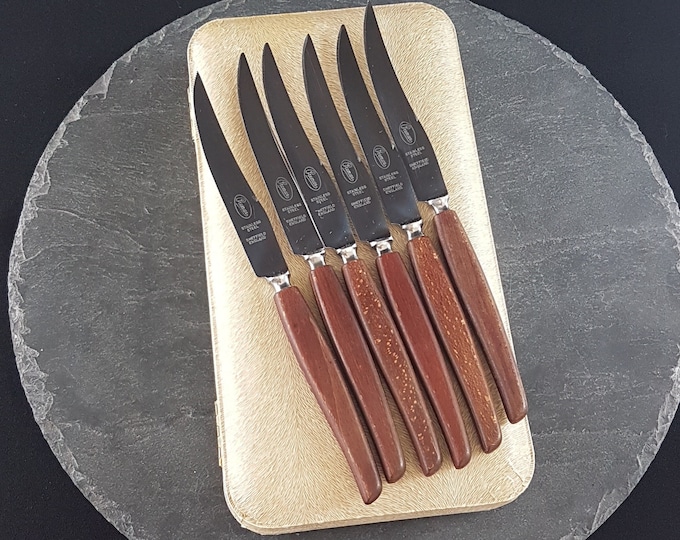 Vintage Sheffield Steak Knives, Bakelite Faux Wood Handles, Stainless Steel with Serrated Tips, Presentation Box, Made in England