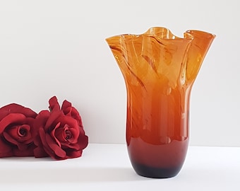 Blown Glass Vase, 10 inch Swirled Amber Glass Flower Vase