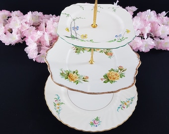 3 Tier Cake Stand, Mismatched Floral Vintage Plates, English Bone China, Tea Party, Serving Tray