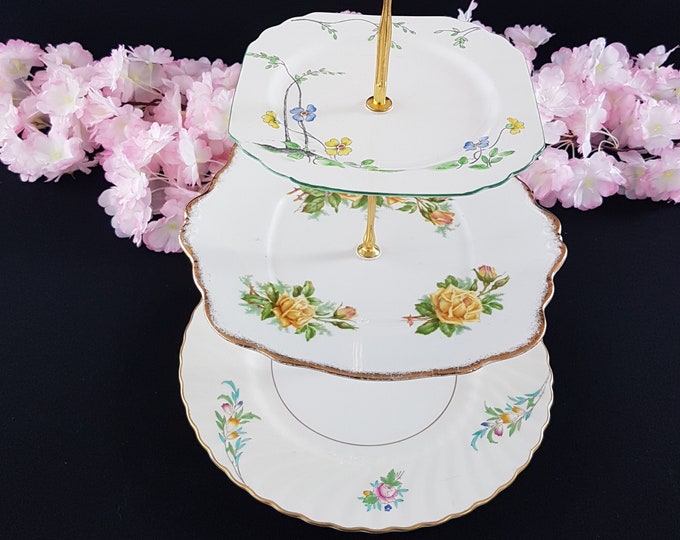 3 Tier Cake Stand, Mismatched Floral Vintage Plates, Royal Albert, Minton, Bone China, Tea Party, Serving Tray