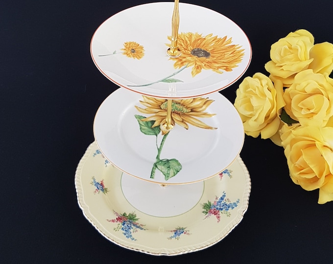 3 Tier Cake Stand, Yellow Floral Cake Stand, Afternoon High Tea Stand, Spring Decor