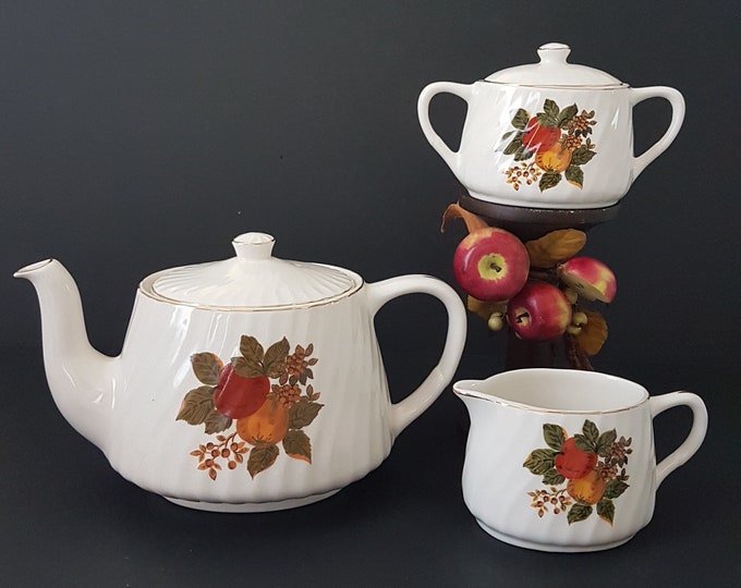 Teapot Set with Cream and Sugar Bowl, Enoch Wedgwood ENGLISH HARVEST, Tea Pot Autumn Fruit Center, Swirled, Made in England