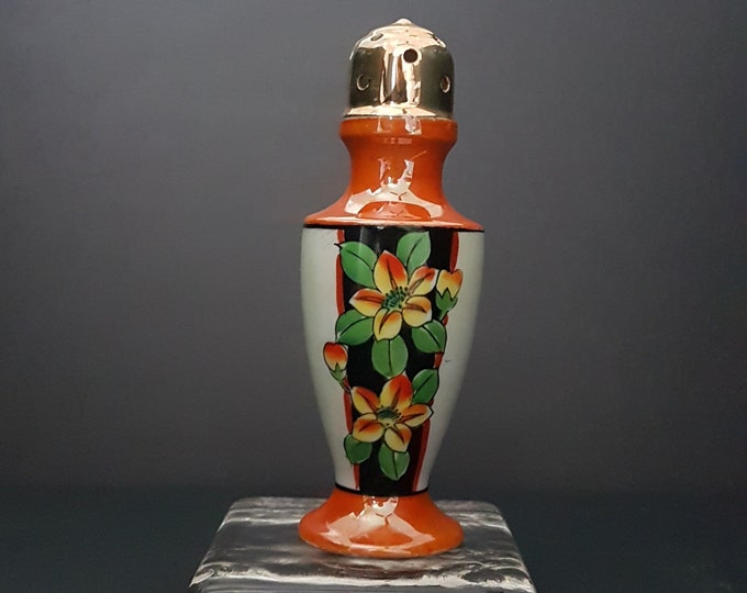 Vintage Sugar Shaker, Porcelain Sugar Muffineer, Spice Shaker, Hand Painted Orange Yellow Flowers, Made in Japan