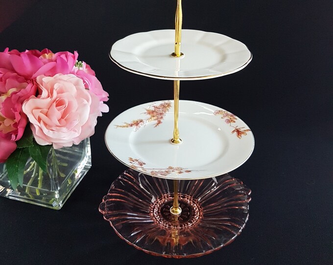 3 Tier Cake Stand, Mismatched Bone China and Pink Glass, Small Tiered Tray