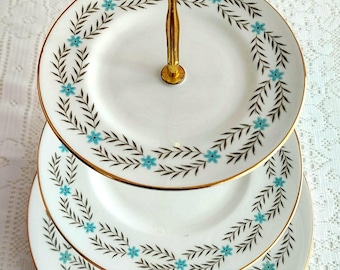Vintage Bone China Cake Stand: Turquoise Blue Floral Dessert Server
